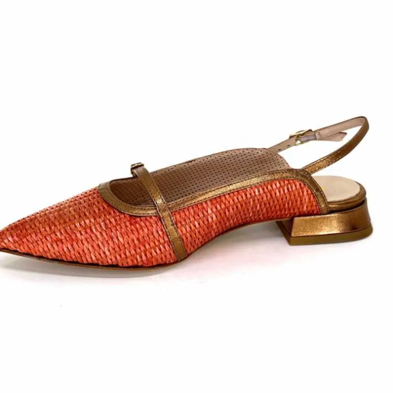 Ivoire0532 Ballerines Bride Arriere Ivoire X1406 Raffia Cuir Bronze Orange New