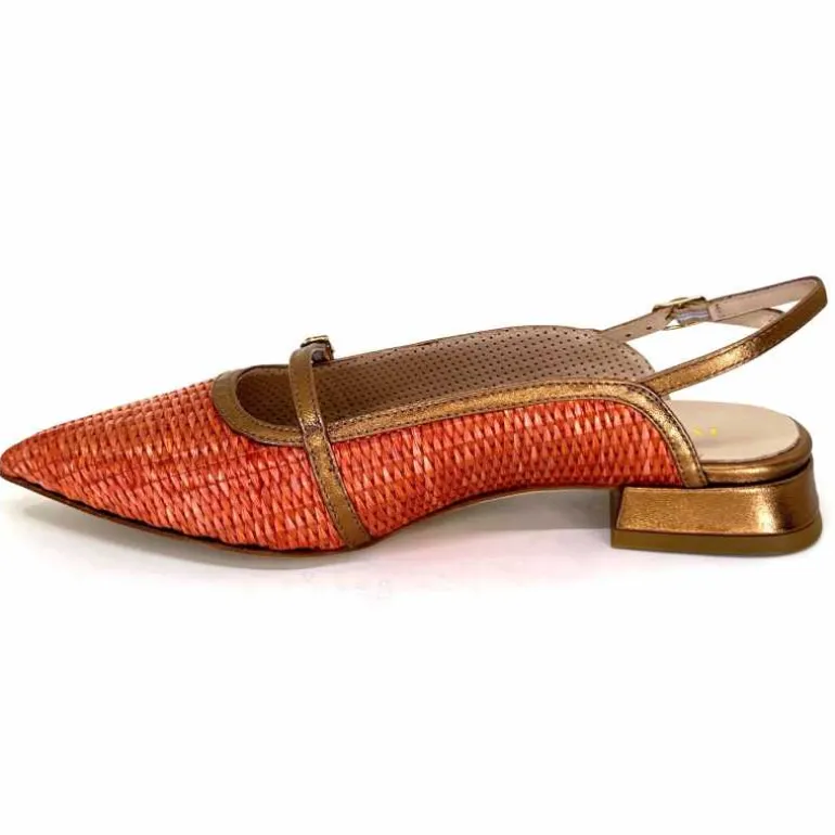 Ivoire0532 Ballerines Bride Arriere Ivoire X1406 Raffia Cuir Bronze Orange New
