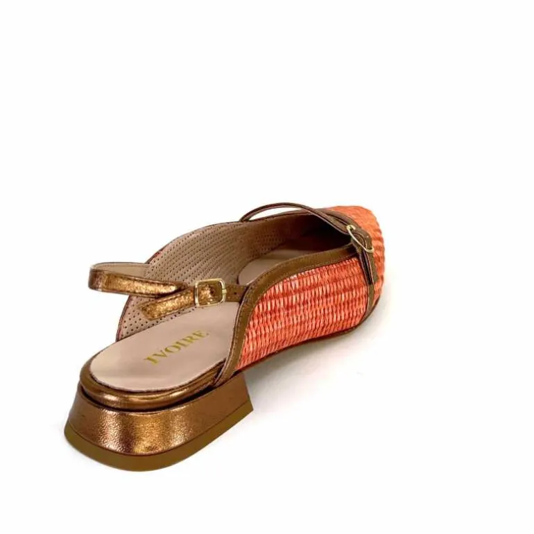 Ivoire0532 Ballerines Bride Arriere Ivoire X1406 Raffia Cuir Bronze Orange New