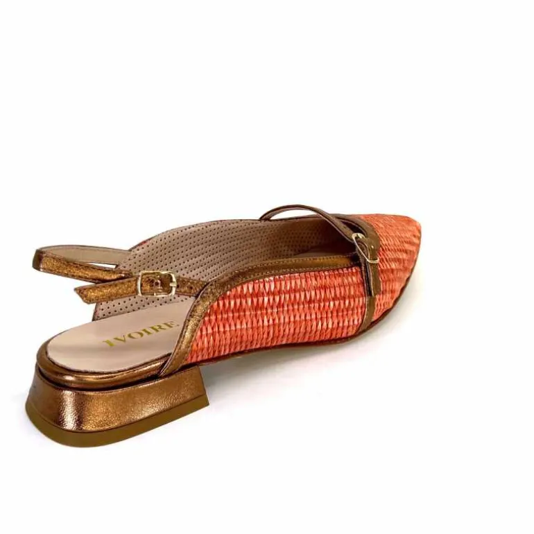 Ivoire0532 Ballerines Bride Arriere Ivoire X1406 Raffia Cuir Bronze Orange New