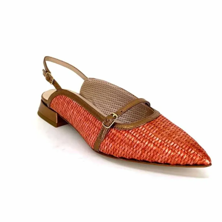Ivoire0532 Ballerines Bride Arriere Ivoire X1406 Raffia Cuir Bronze Orange New