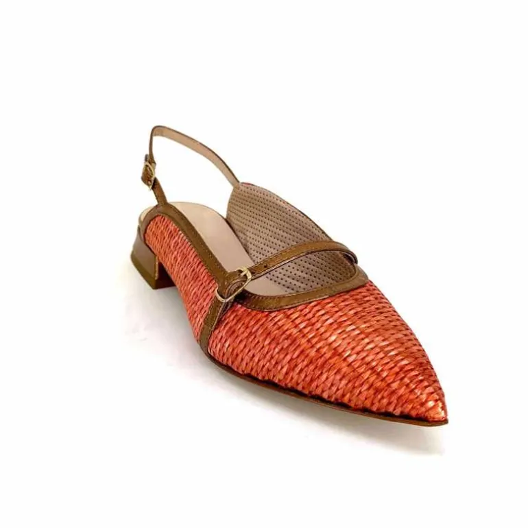 Ivoire0532 Ballerines Bride Arriere Ivoire X1406 Raffia Cuir Bronze Orange New