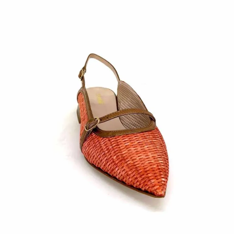 Ivoire0532 Ballerines Bride Arriere Ivoire X1406 Raffia Cuir Bronze Orange New