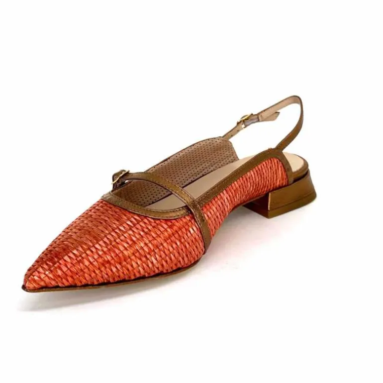 Ivoire0532 Ballerines Bride Arriere Ivoire X1406 Raffia Cuir Bronze Orange New