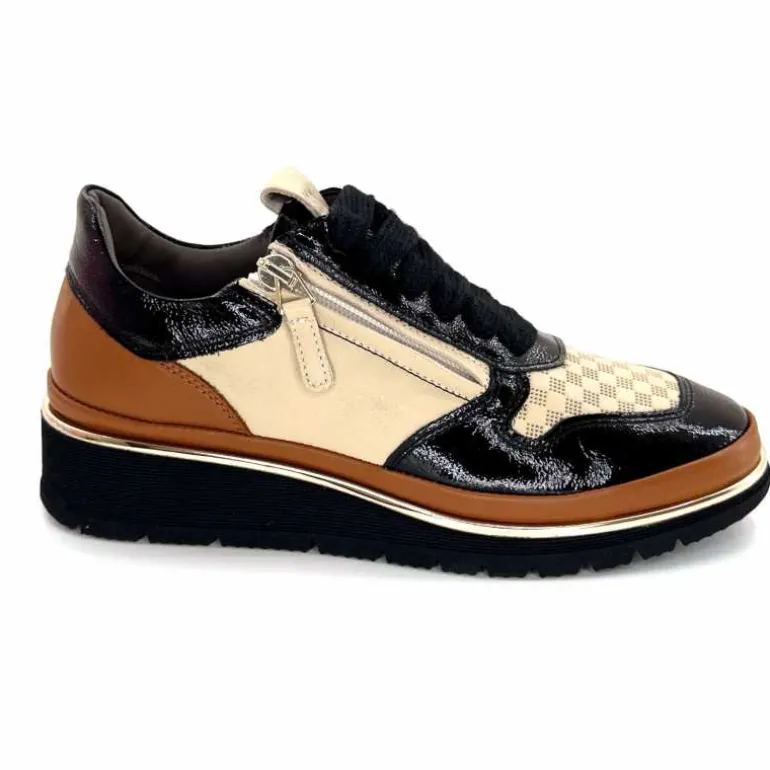 XSA Baskets Légère à fermeture éclair 9809 Cuir , Marron &amp; Crème Noir Cheap