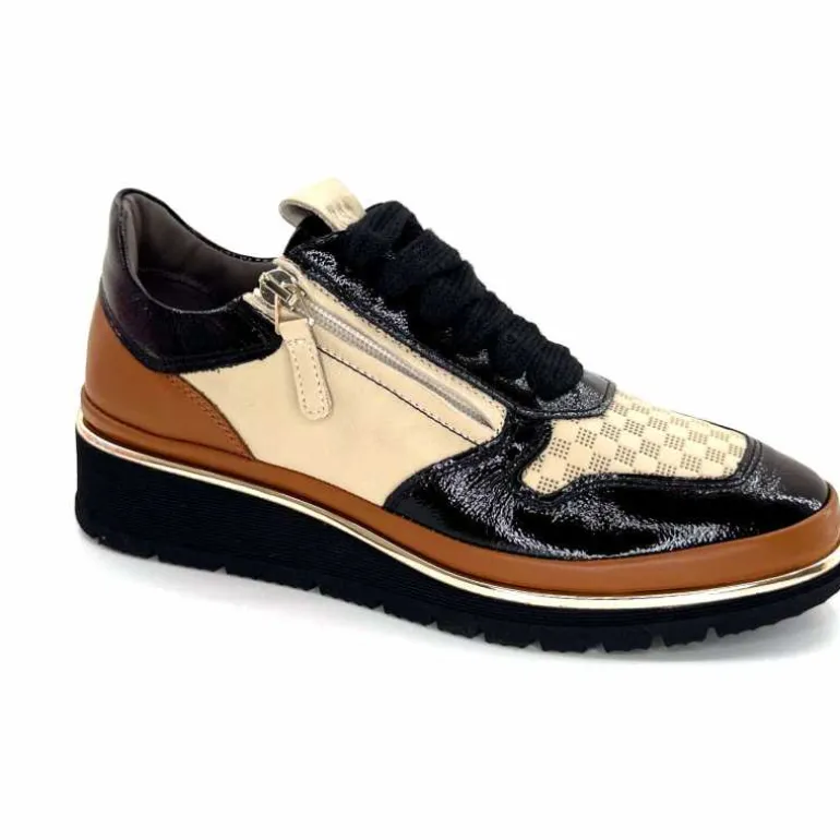 XSA Baskets Légère à fermeture éclair 9809 Cuir , Marron &amp; Crème Noir Cheap