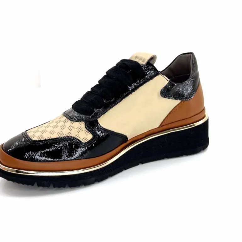 XSA Baskets Légère à fermeture éclair 9809 Cuir , Marron &amp; Crème Noir Cheap