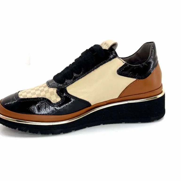 XSA Baskets Légère à fermeture éclair 9809 Cuir , Marron &amp; Crème Noir Cheap