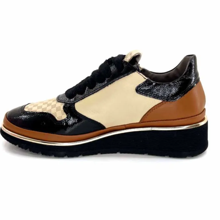 XSA Baskets Légère à fermeture éclair 9809 Cuir , Marron &amp; Crème Noir Cheap