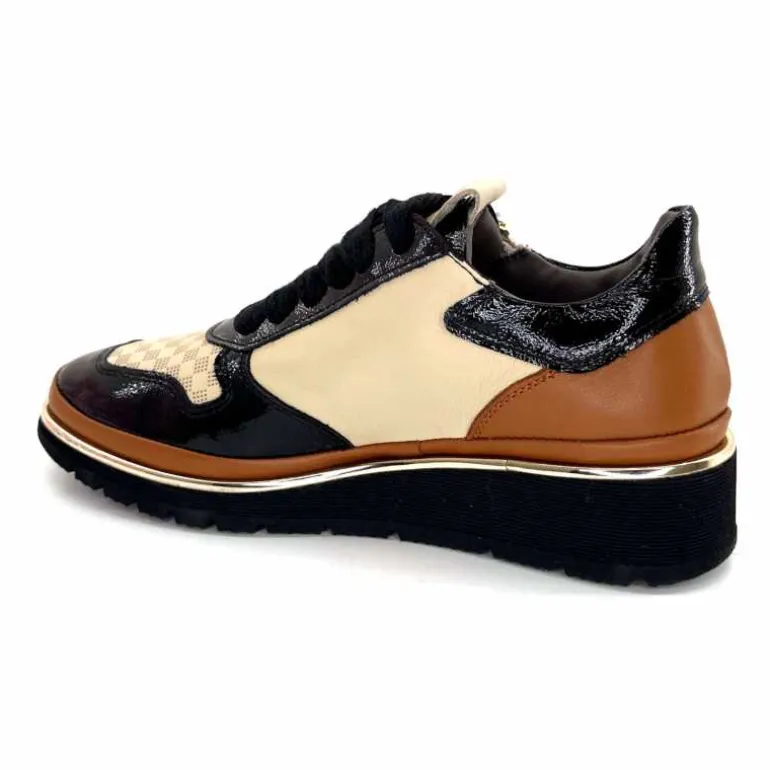 XSA Baskets Légère à fermeture éclair 9809 Cuir , Marron &amp; Crème Noir Cheap
