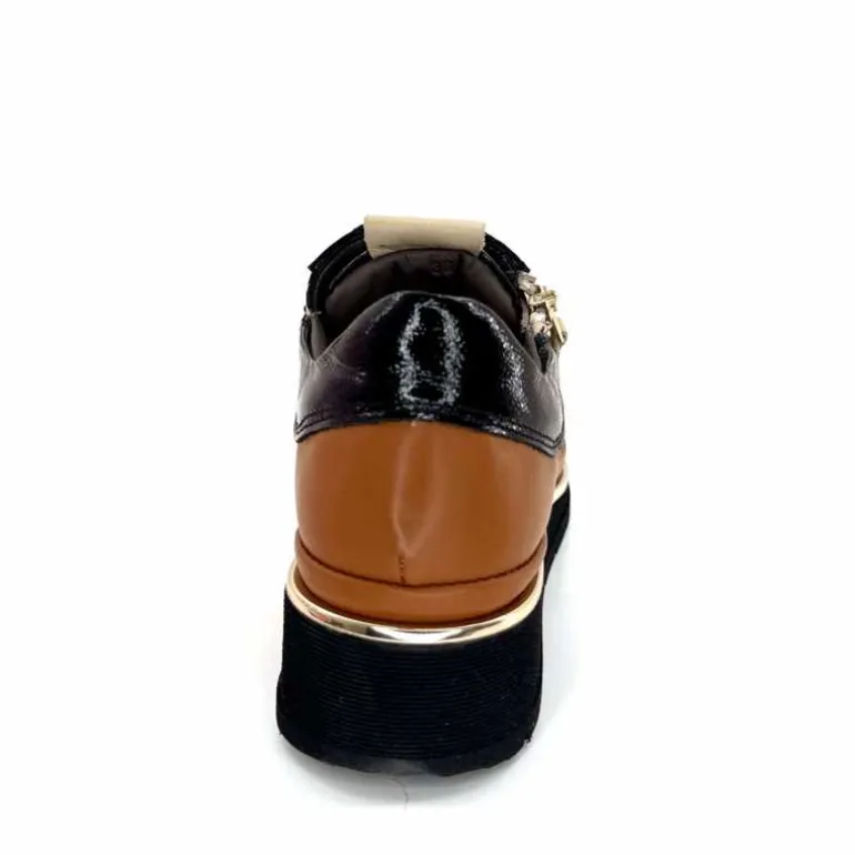 XSA Baskets Légère à fermeture éclair 9809 Cuir , Marron &amp; Crème Noir Cheap