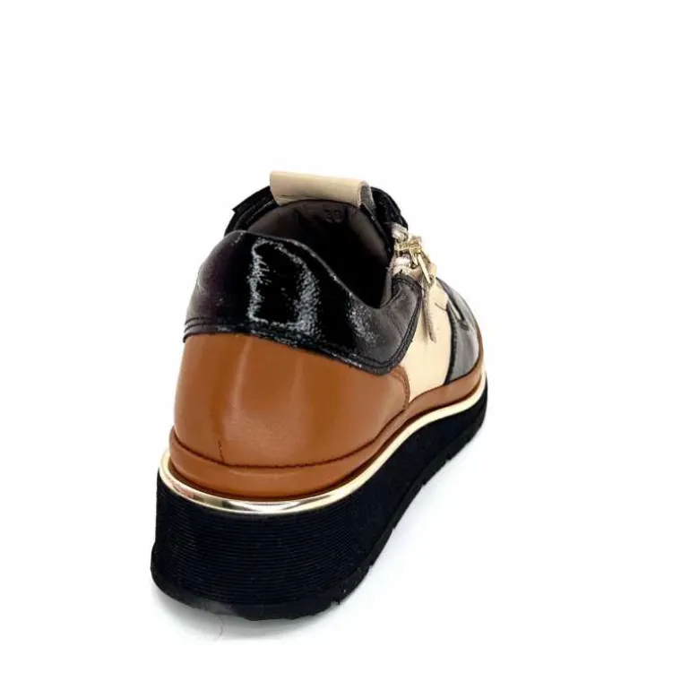 XSA Baskets Légère à fermeture éclair 9809 Cuir , Marron &amp; Crème Noir Cheap