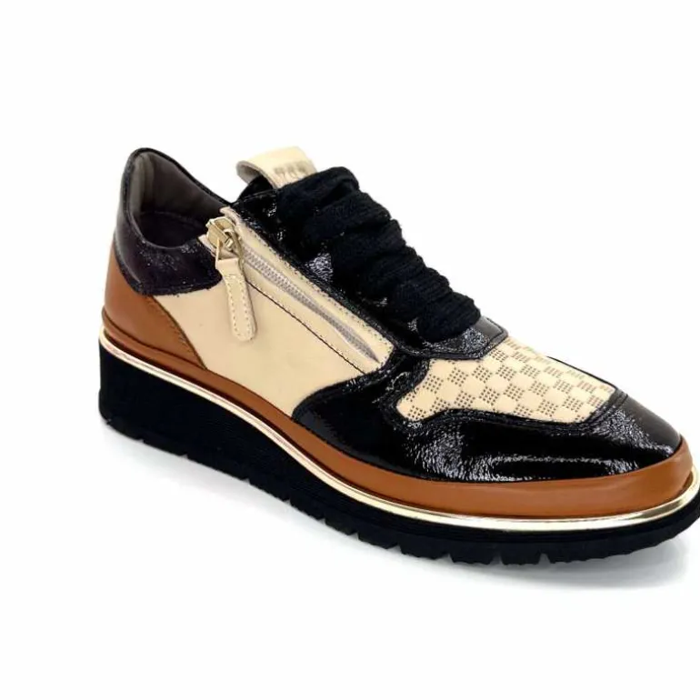 XSA Baskets Légère à fermeture éclair 9809 Cuir , Marron &amp; Crème Noir Cheap