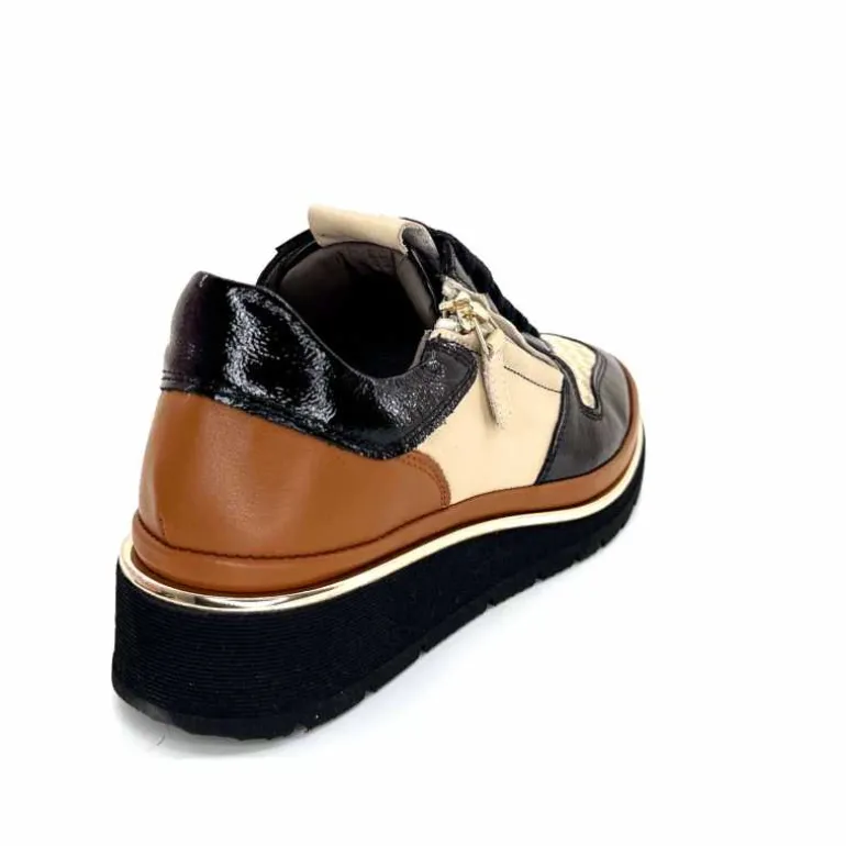 XSA Baskets Légère à fermeture éclair 9809 Cuir , Marron &amp; Crème Noir Cheap