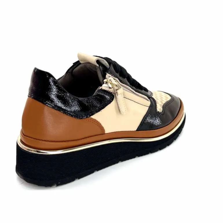 XSA Baskets Légère à fermeture éclair 9809 Cuir , Marron &amp; Crème Noir Cheap