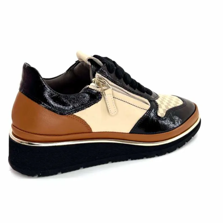 XSA Baskets Légère à fermeture éclair 9809 Cuir , Marron &amp; Crème Noir Cheap