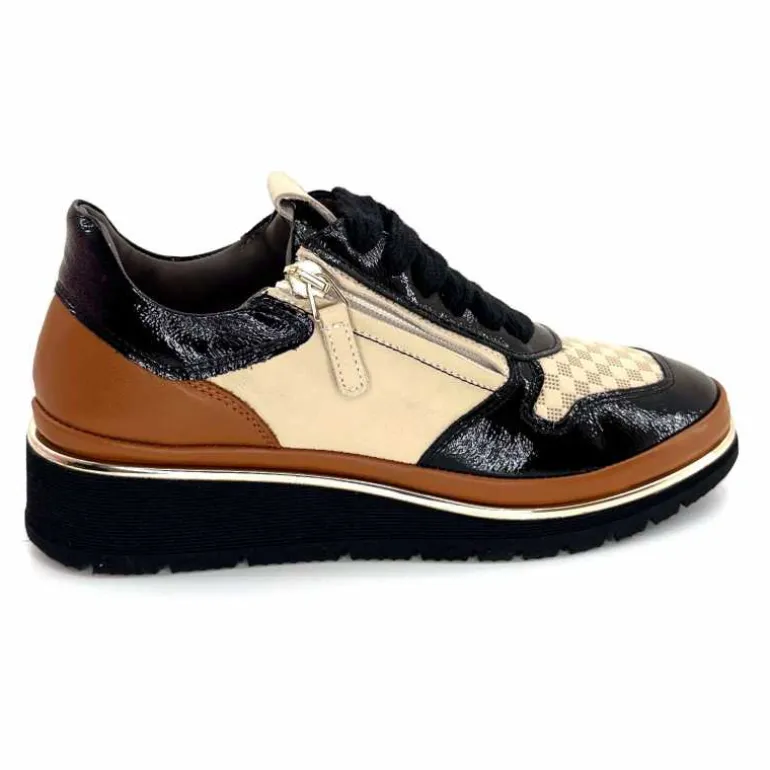 XSA Baskets Légère à fermeture éclair 9809 Cuir , Marron &amp; Crème Noir Cheap