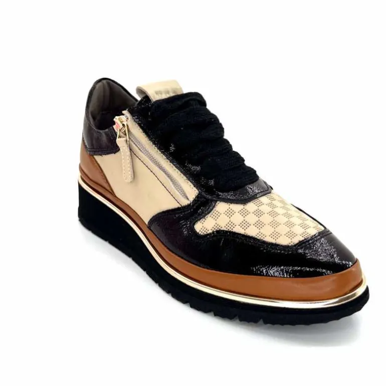 XSA Baskets Légère à fermeture éclair 9809 Cuir , Marron &amp; Crème Noir Cheap