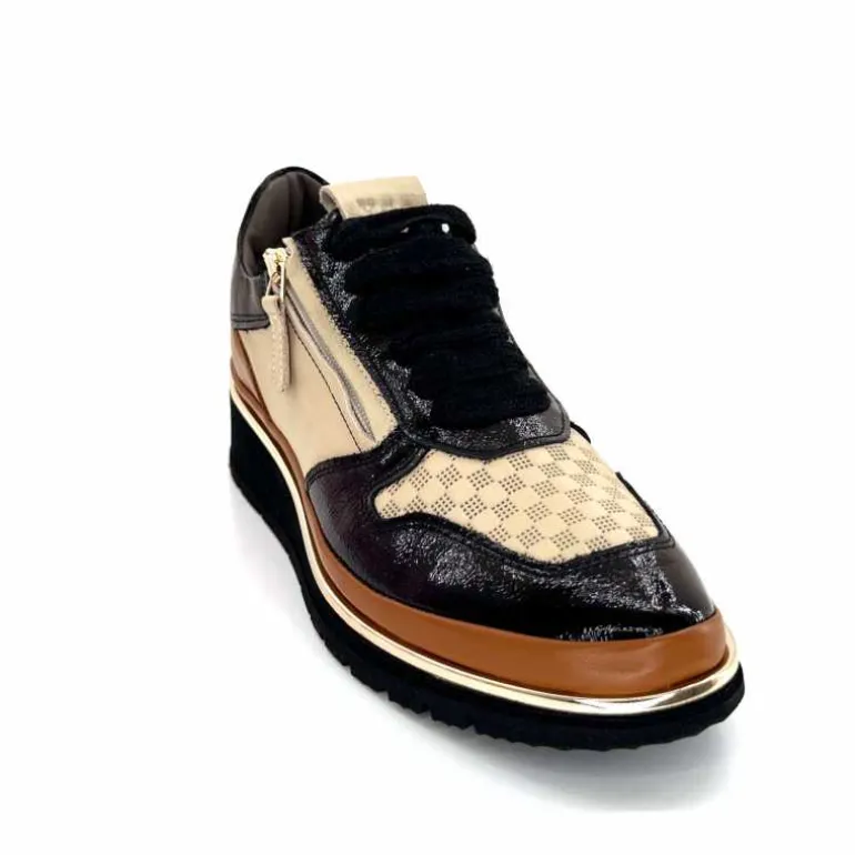 XSA Baskets Légère à fermeture éclair 9809 Cuir , Marron &amp; Crème Noir Cheap