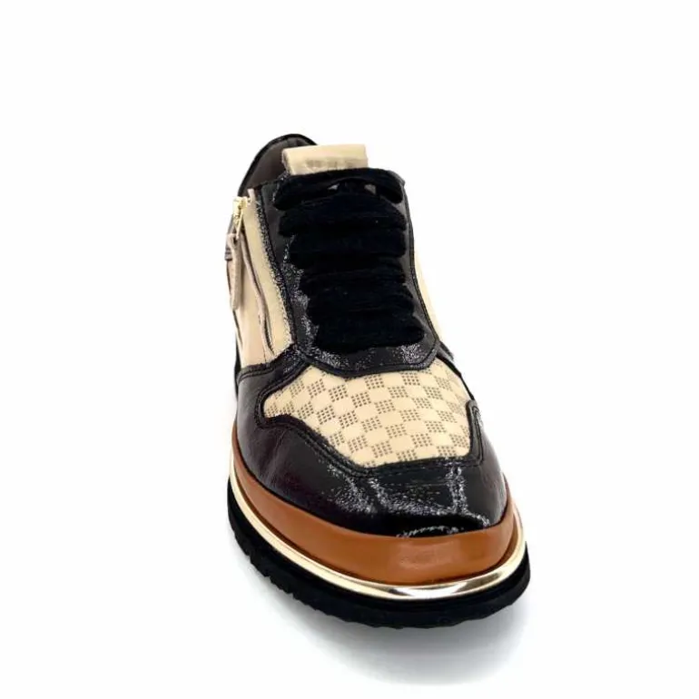 XSA Baskets Légère à fermeture éclair 9809 Cuir , Marron &amp; Crème Noir Cheap