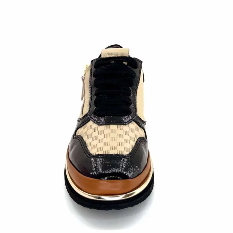 XSA Baskets Légère à fermeture éclair 9809 Cuir , Marron &amp; Crème Noir Cheap