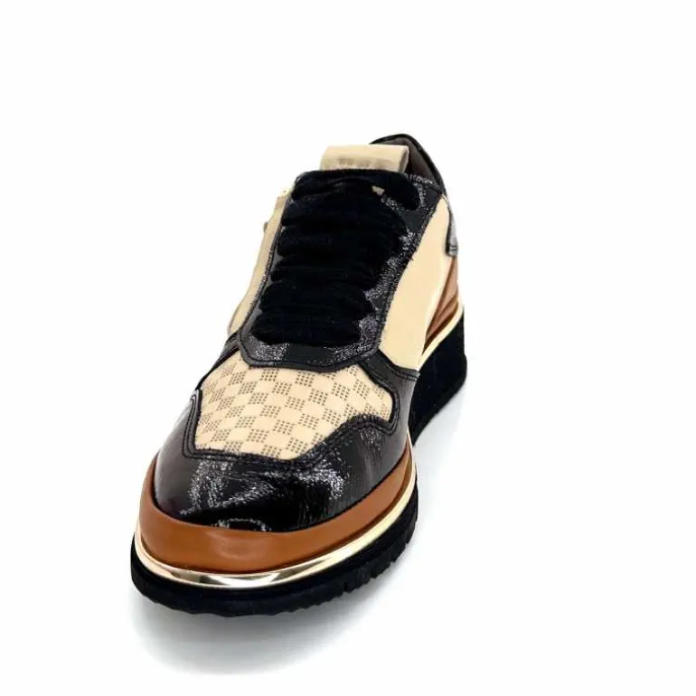 XSA Baskets Légère à fermeture éclair 9809 Cuir , Marron &amp; Crème Noir Cheap