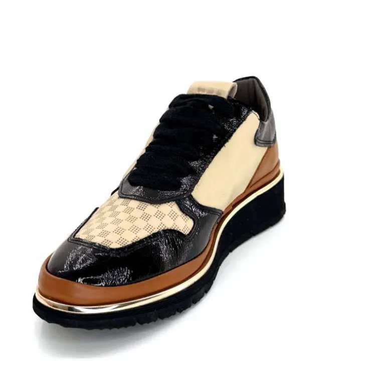 XSA Baskets Légère à fermeture éclair 9809 Cuir , Marron &amp; Crème Noir Cheap