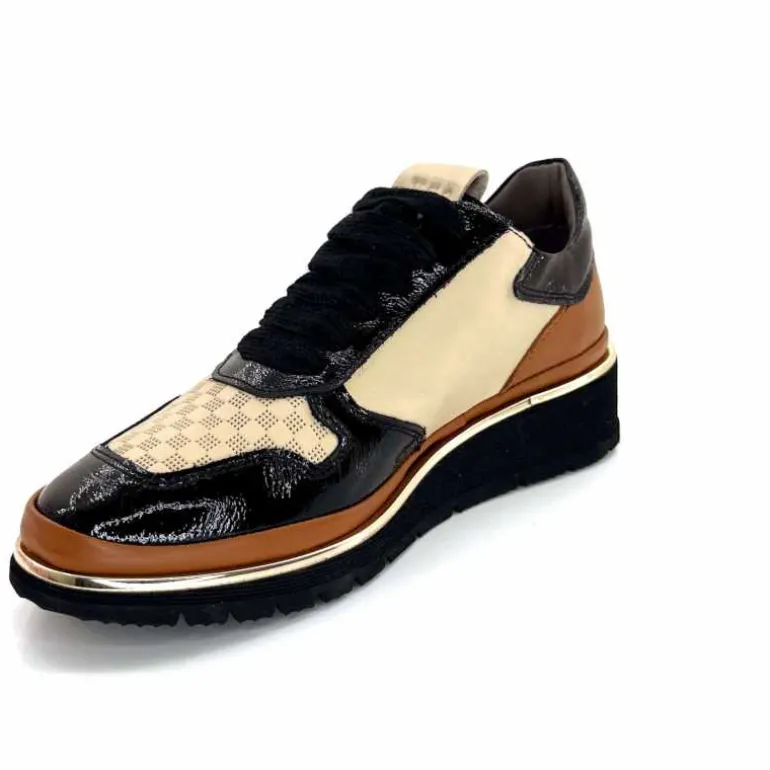 XSA Baskets Légère à fermeture éclair 9809 Cuir , Marron &amp; Crème Noir Cheap