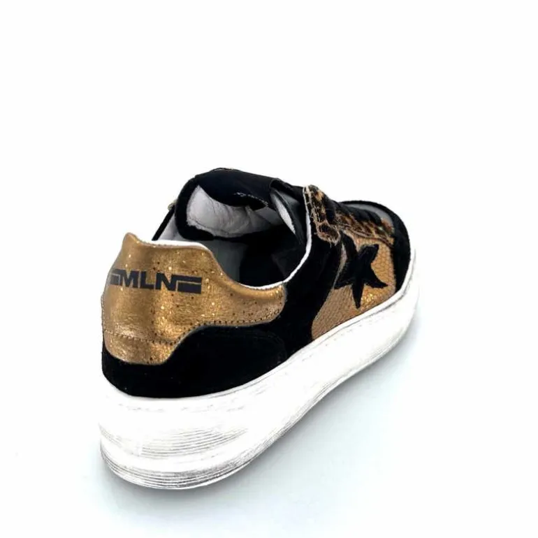 Méliné Baskets Pad 57 Cuir Doré Daim Léopard Noir Shop