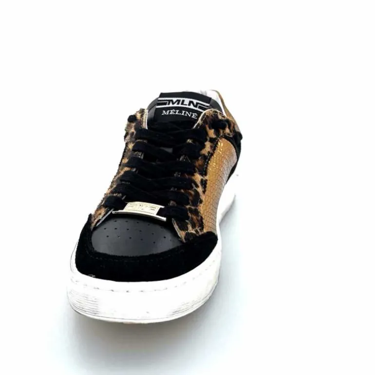 Méliné Baskets Pad 57 Cuir Doré Daim Léopard Noir Shop