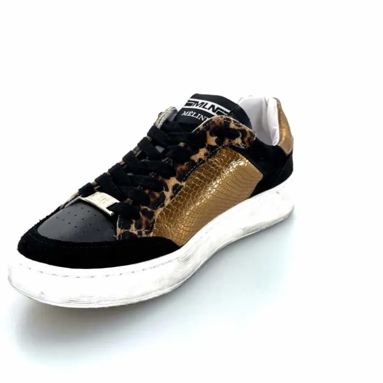 Méliné Baskets Pad 57 Cuir Doré Daim Léopard Noir Shop