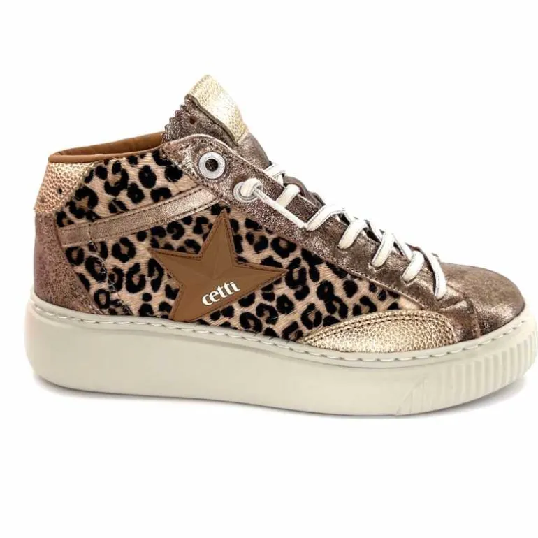cetti Baskets Montantes C1352 Sra Cuir Léo &amp; Métal Léopard New
