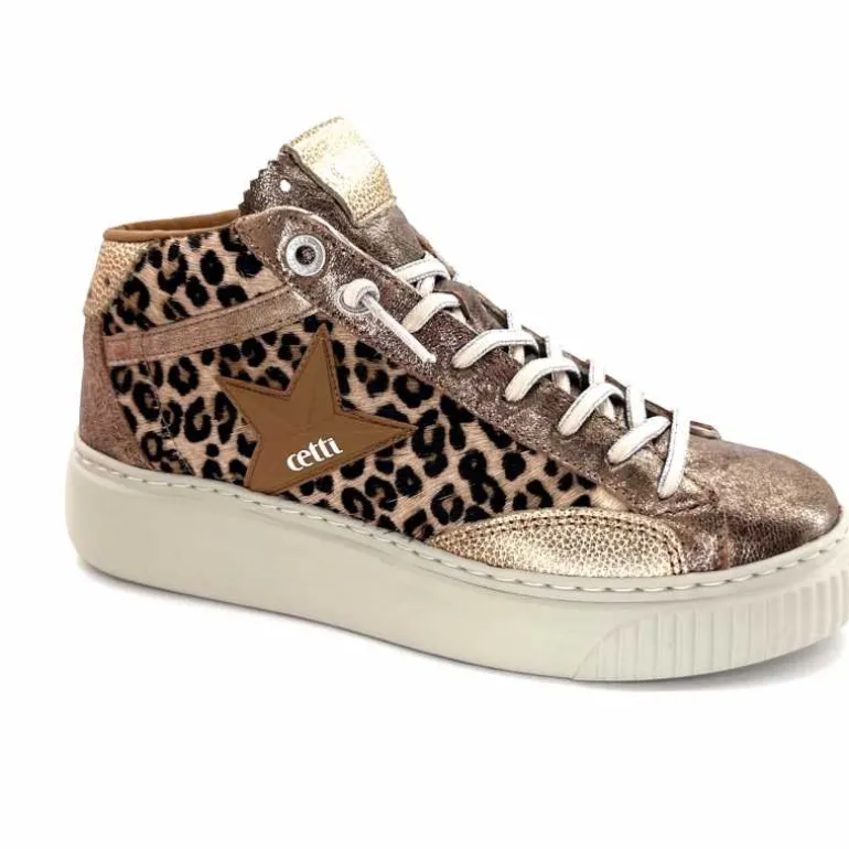 cetti Baskets Montantes C1352 Sra Cuir Léo &amp; Métal Léopard New