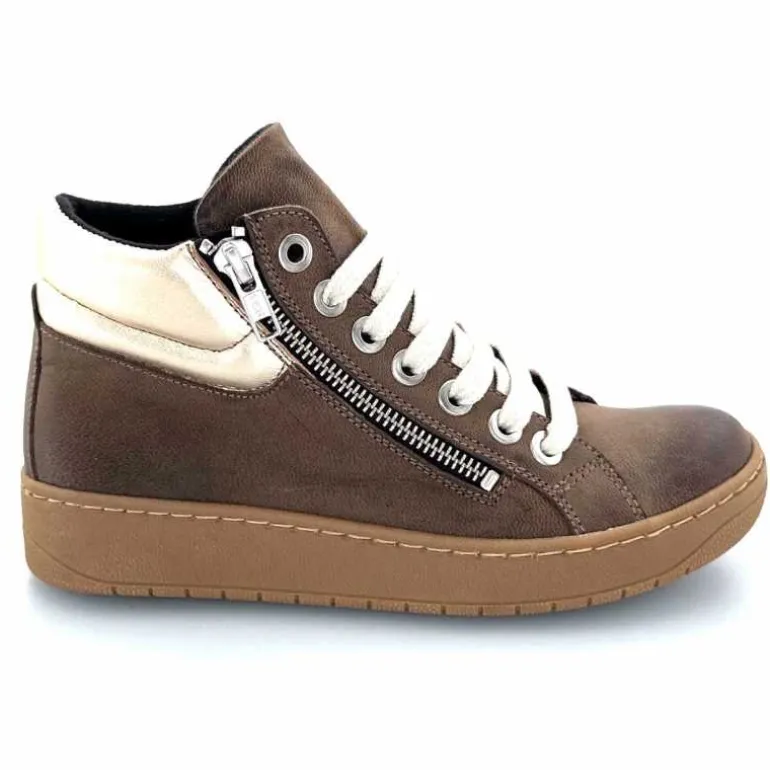 Chacal Baskets Montantes Fermeture Éclair 6954 Cuir Taupe Doré Marron New