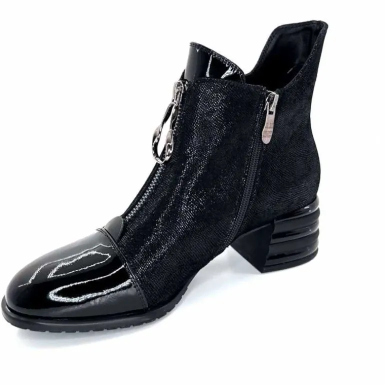 Elue Par Nous Bottines Maculotte Cuir Irisé Vernis Noir Fashion