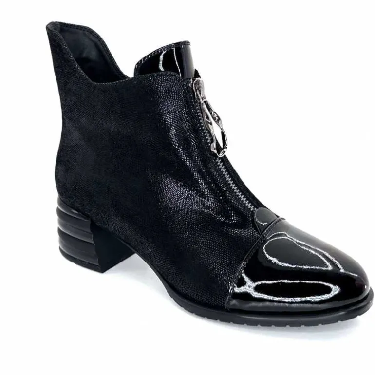 Elue Par Nous Bottines Maculotte Cuir Irisé Vernis Noir Fashion