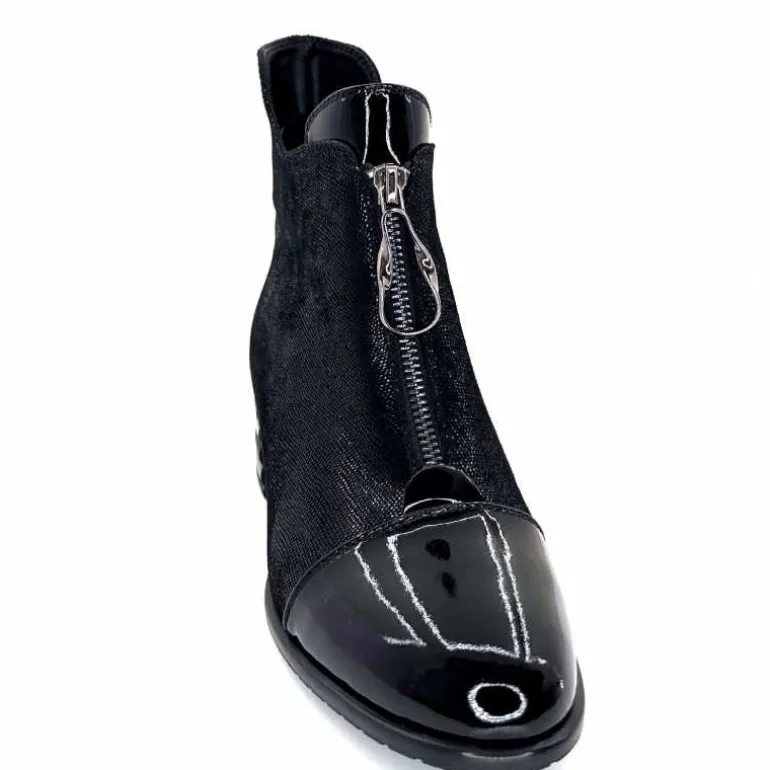 Elue Par Nous Bottines Maculotte Cuir Irisé Vernis Noir Fashion
