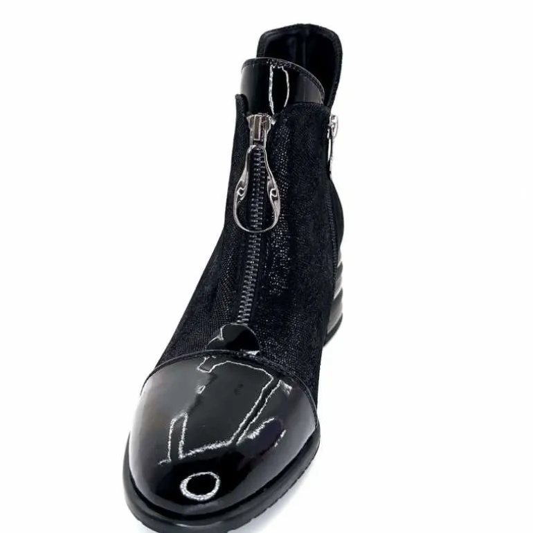 Elue Par Nous Bottines Maculotte Cuir Irisé Vernis Noir Fashion