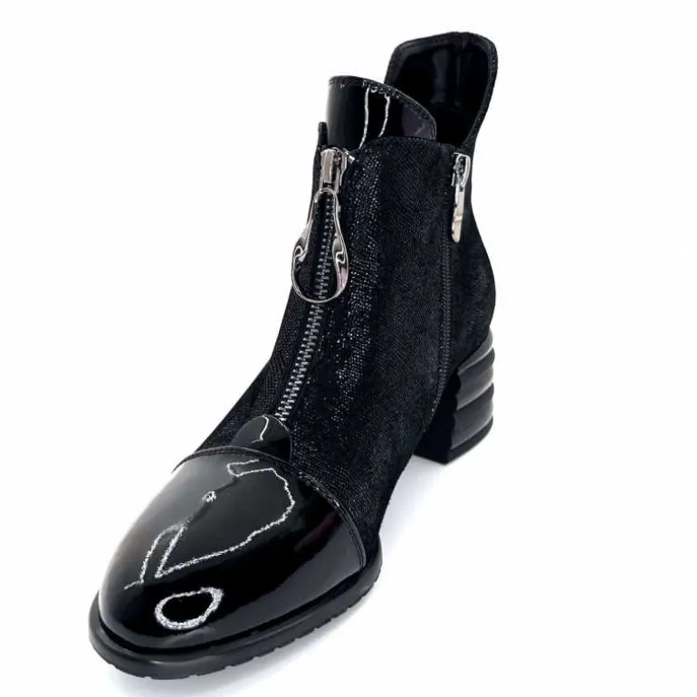 Elue Par Nous Bottines Maculotte Cuir Irisé Vernis Noir Fashion