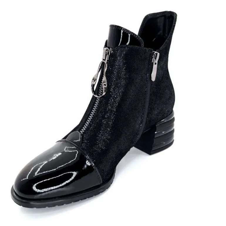 Elue Par Nous Bottines Maculotte Cuir Irisé Vernis Noir Fashion