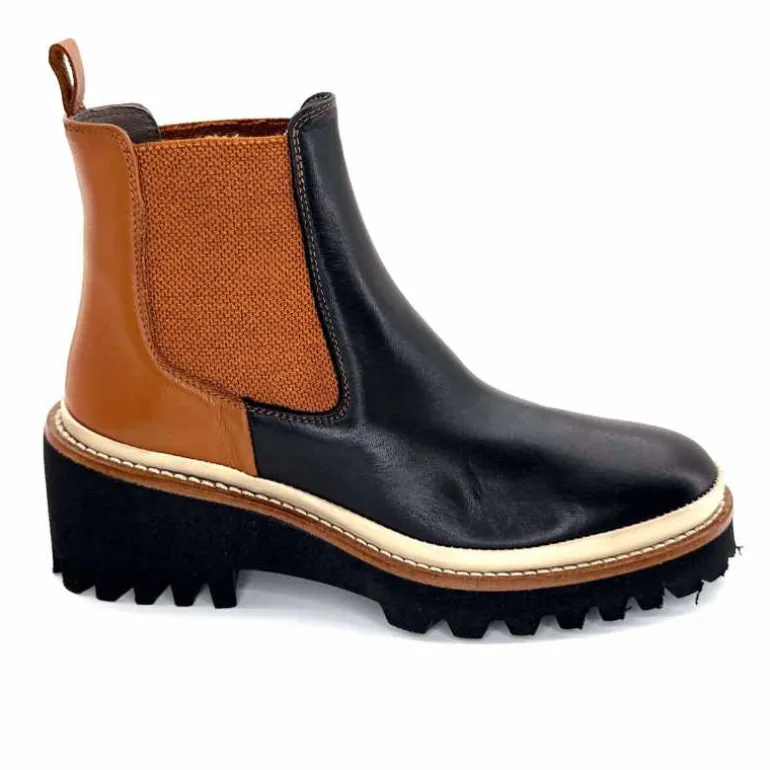 XSA Bottines Legères 9176 Cuir Noir &amp; Camel BordeauxRouge Cheap