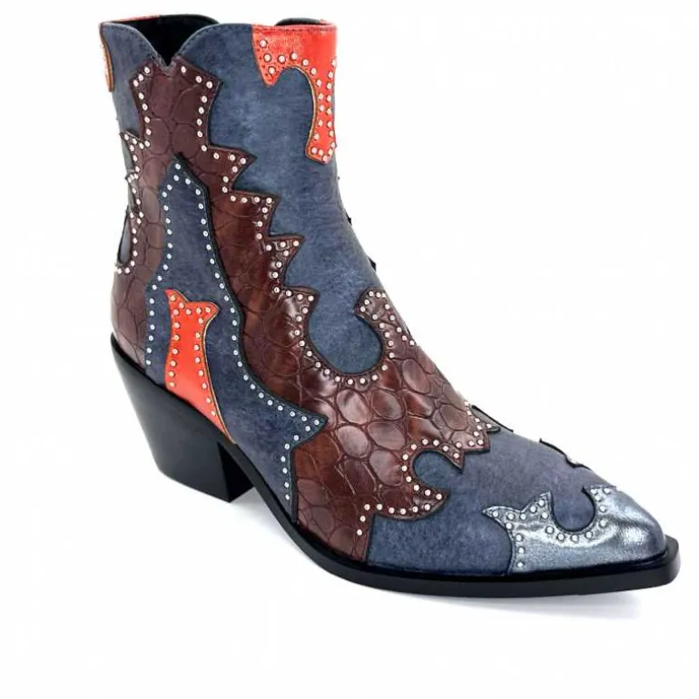 noa harmon Bottines Santiags 9098 Cuir , Marron &amp; Orange Bleu Flash Sale