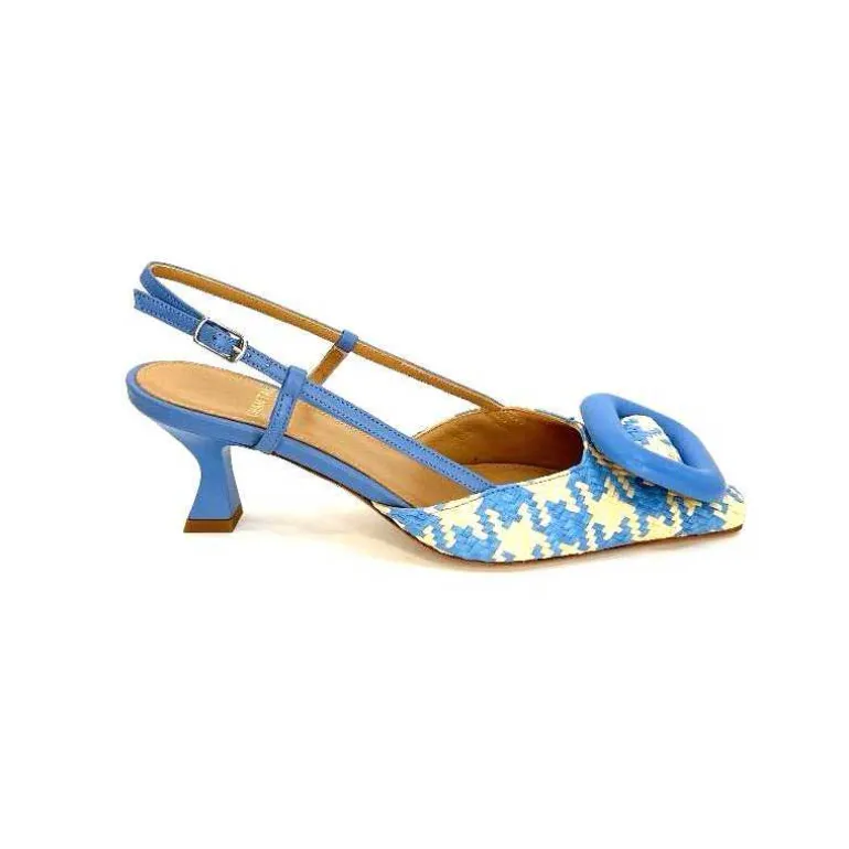 chantal Escarpins Bride Arrière 2247 Cuir Raffia Beige Bleu New