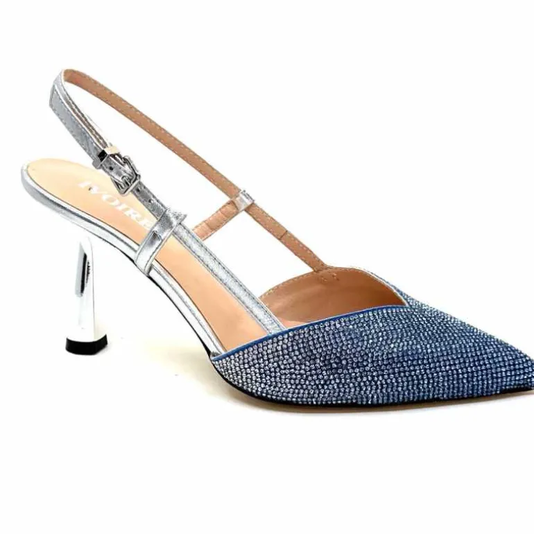 Evaluna Escarpins Bride Arrière Ivoire 1974 Cuir Agrent Strass Bleu Cheap