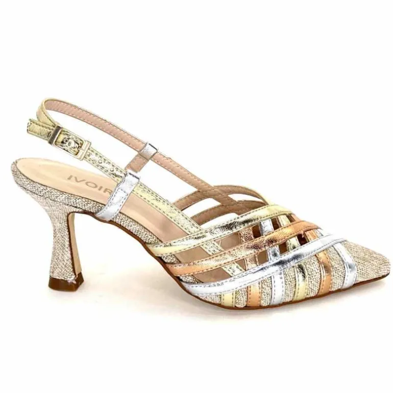 Ivoire0376 Escarpins Bride Arrière Ivoire 20906 Cuir Métallique Textile Beige Cheap