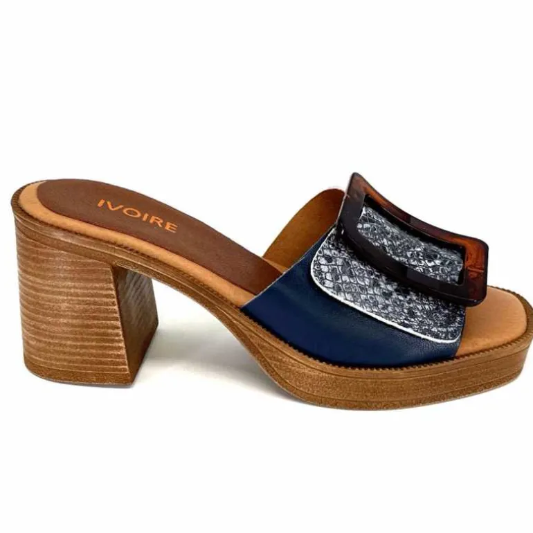 380-ivoire Mules à Talon Ivoire 65383 Bleu &amp; Gris Marine Best