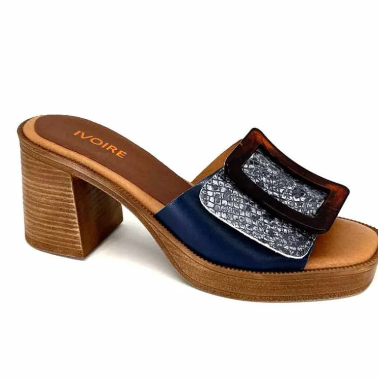 380-ivoire Mules à Talon Ivoire 65383 Bleu &amp; Gris Marine Best