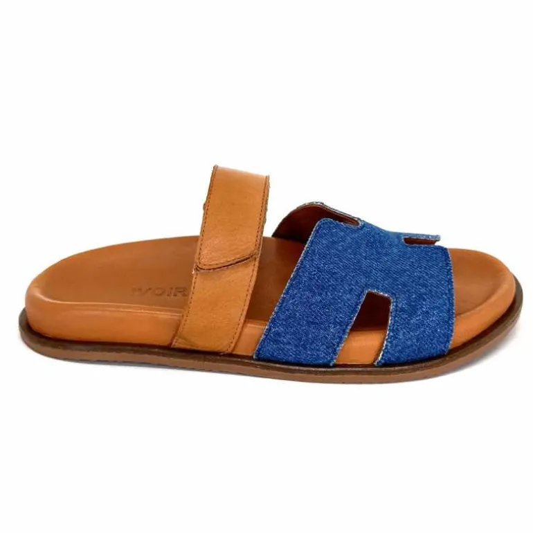 382-ivoire Mules Ivoire D27084-803 Cuir Marron Textile Jean Bleu New