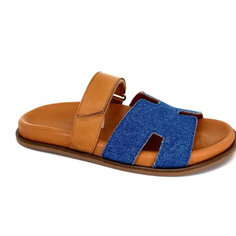 382-ivoire Mules Ivoire D27084-803 Cuir Marron Textile Jean Bleu New