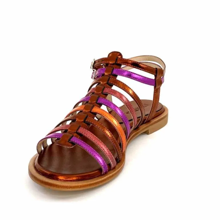 ivoire-395 Sandales Plate Ivoire E10433 Neopolis Cuir Métal Fuchsia Orange Clearance